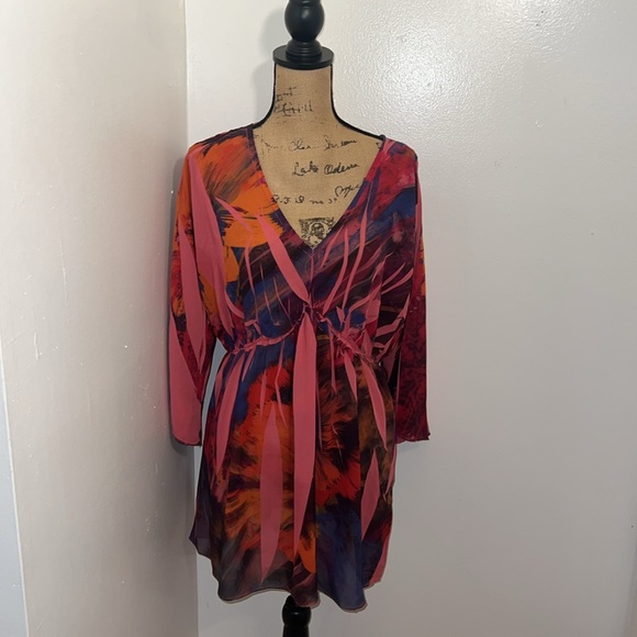 Daniel Benjamin Tropical Multicolor Printed Sheer Blouse - Picture 1 of 7